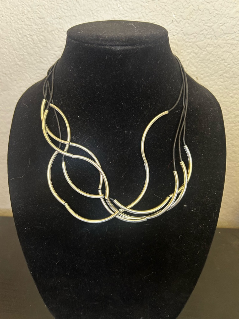 Contemporary Two-Tone Metal Loop Necklace - Black Cord